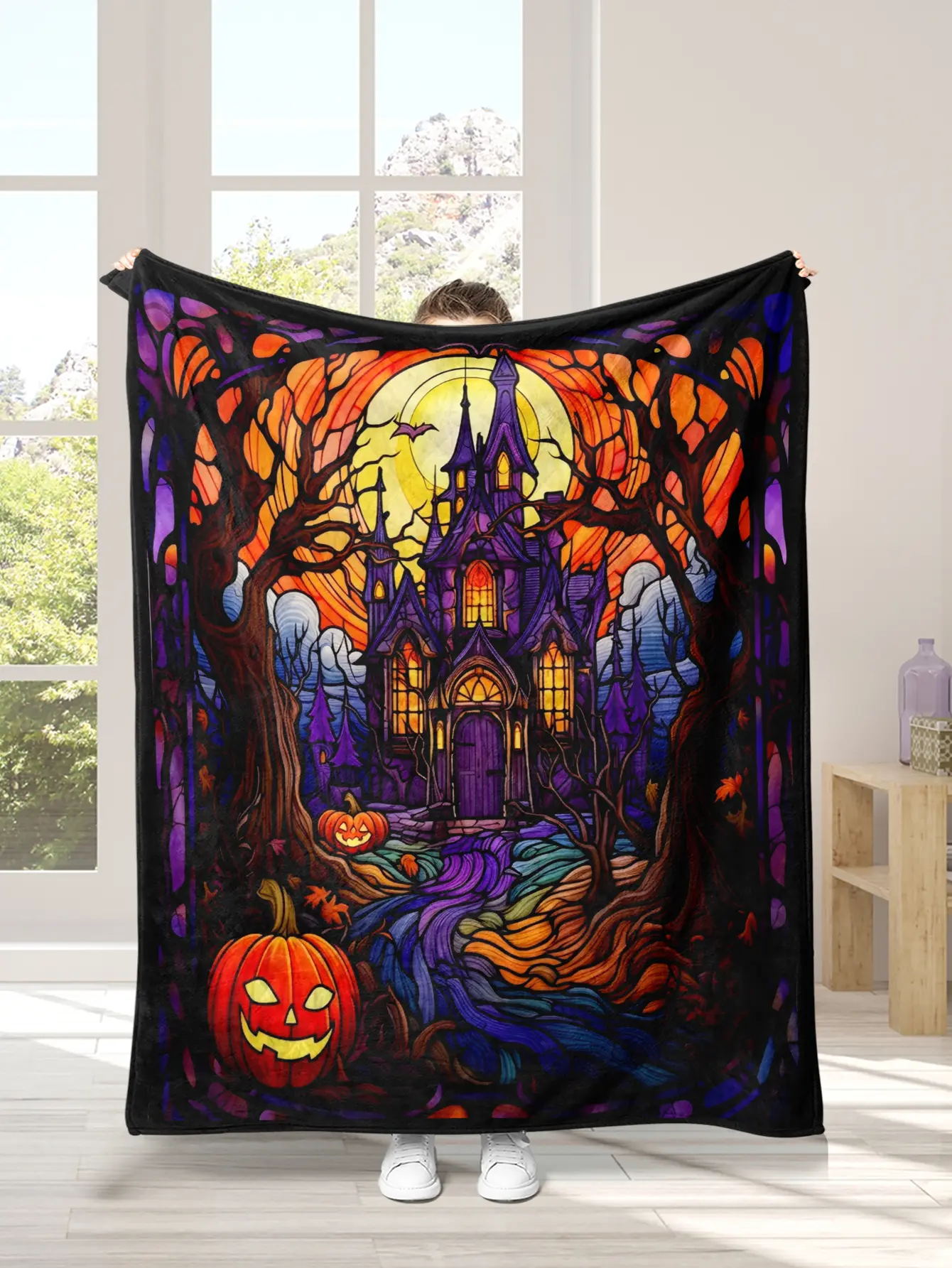 Halloween Quilt Bedding Set - Retro Haunted House, Starry Night Cottagecore Textile Bedding Decor