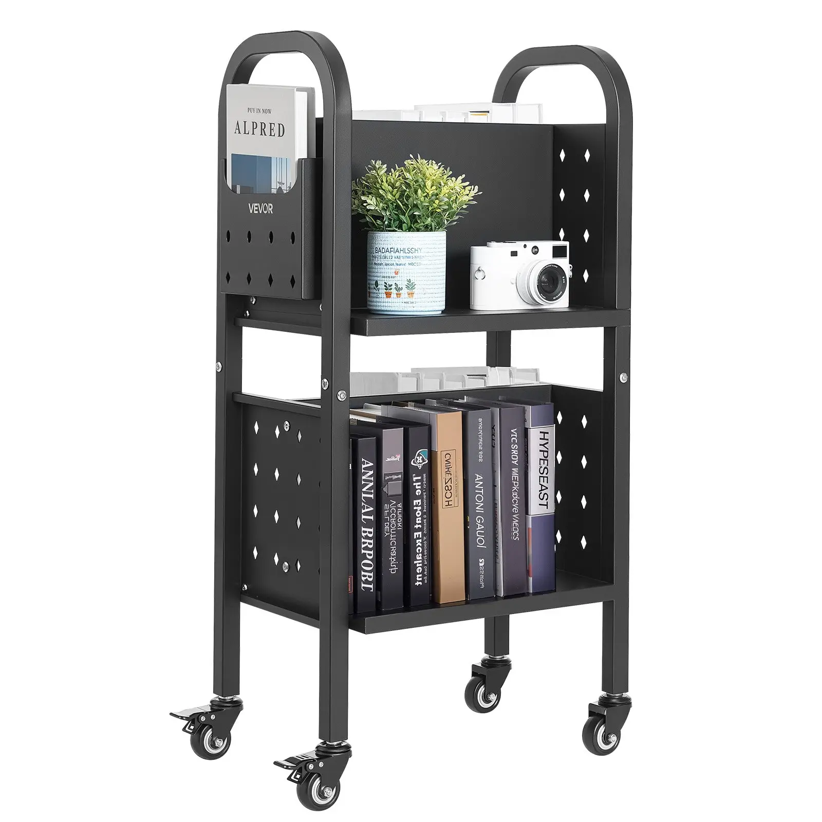 VEVOR Rolling Library Book Cart, 150 lbs Capacity, 17.7x 13.0x 34.6-Inch Library Cart, Double Sided L-Shaped Shelves with 2-Inch Lockable Wheels, Book Truck for Home Shelves Office and School, Black