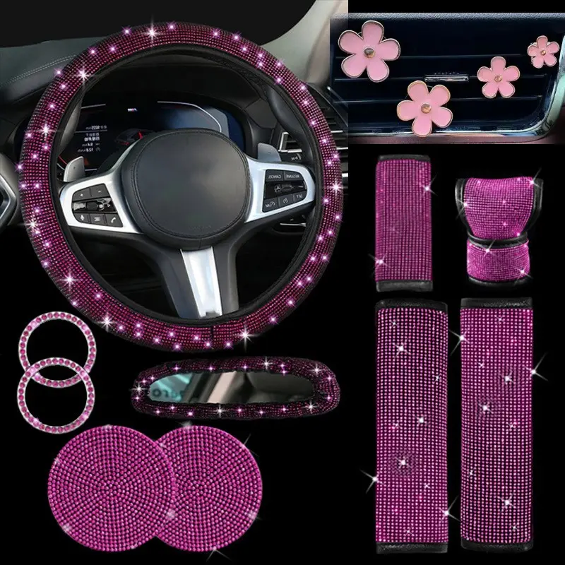 14-Piece Diamond Series Car Interior Accessories Set, Car Interior Decoration, Automotive Decorative Accessories, Car Decorations, Includes Steering Wheel Cover, Cup Mats, Rear View Mirror Covers, Perfect Gift for Cars and Suvs, Vehicle Decoration