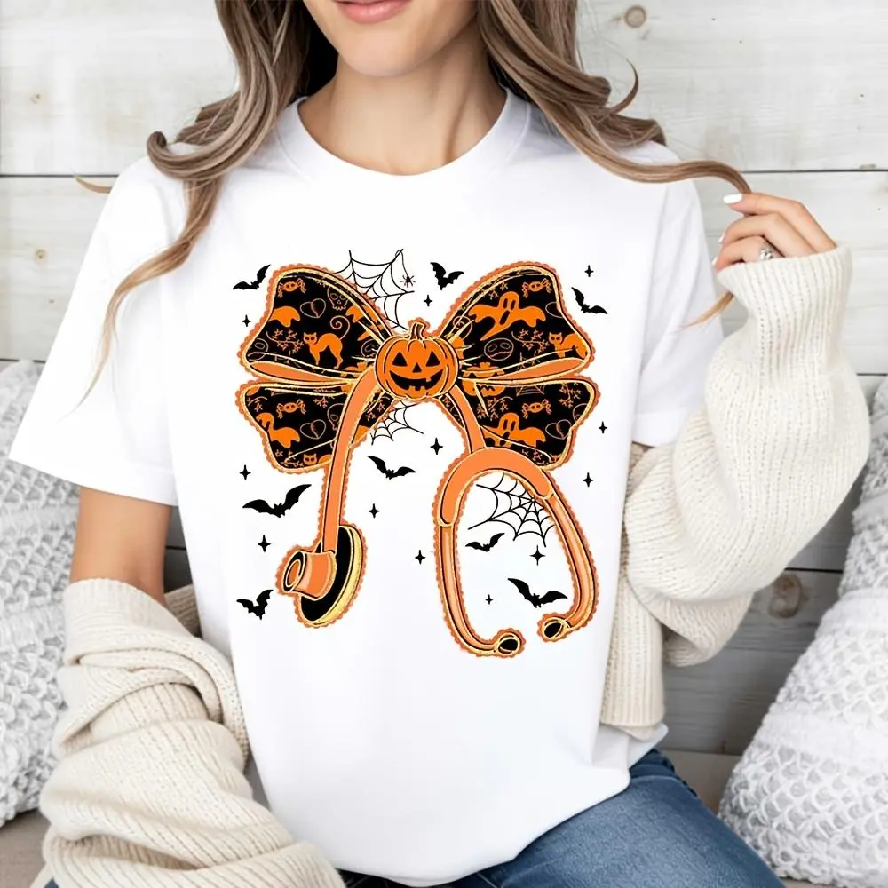 Halloween Pumpkin Stethoscope Bow Print, Raglan Long-Sleeved T-Shirt, Halloween Nurse Doctor Costume, Hospital Party Gift