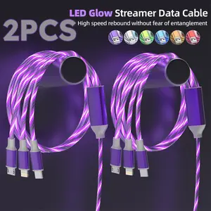 2 Pack 3 in 1 Flowing LED Fast Charging Cable, 4ft Light Up Streamer Glow Charger Cord with USB C/Micro USB/Lightning, Nylon Braided Tangle-Free for iPhone Android Phone Car Home Travel