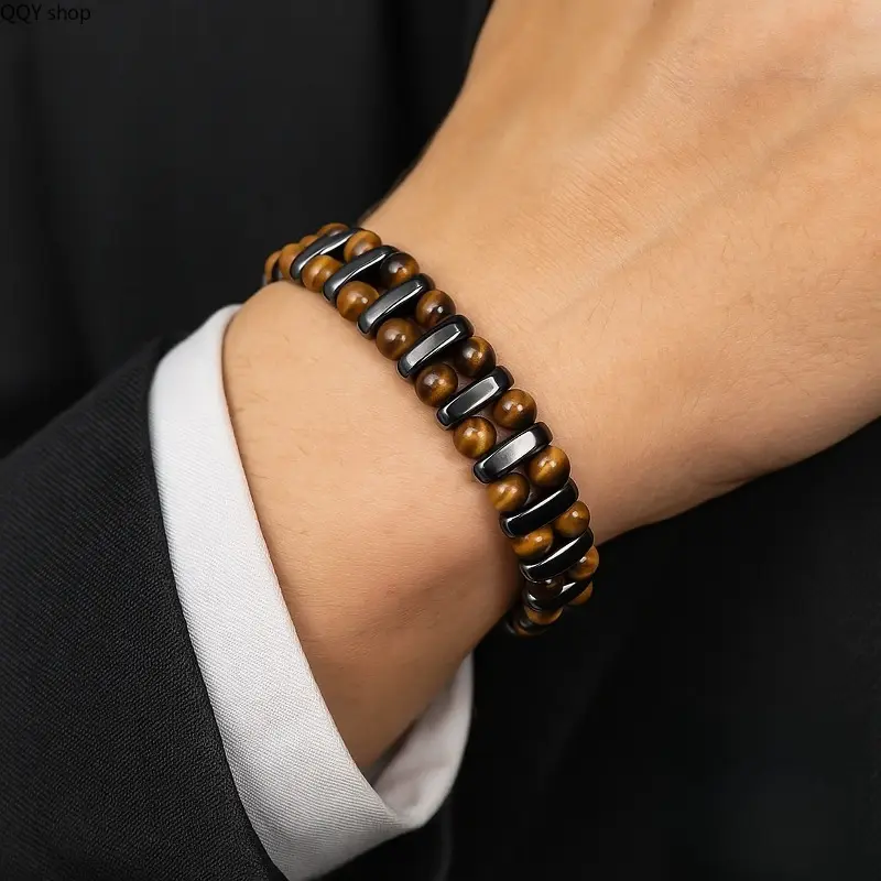Sofia Protection Beaded Bracelet for Men, Natural Tiger's Eye & Hematite Gemstone Bracelet, Adjustable 7-8 Inches Boho Style Healing Jewelry, Elegant Spiritual Protection Casual Wrist Accessory