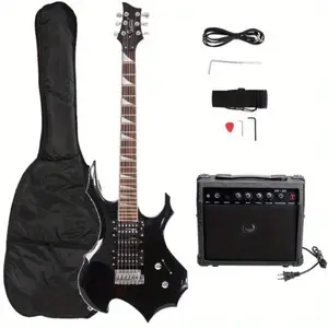 Flame-Shaped Electric Guitar with HSH Pickup, Adjustable Strap, Carry Bag, Picks, Shake Cable, Wrench Tool - Black Novice Instrument, Adjustable Guitar Strap