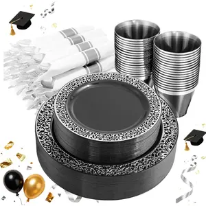 210 count Black and  Dinnerware Set for 30 Guests - Black Plastic Plates with  Rim Include 30 Dinner / 30 Dessert Plates, 30 Prewrapped Silverware, 30 Cups Ideal for Party/Graduation