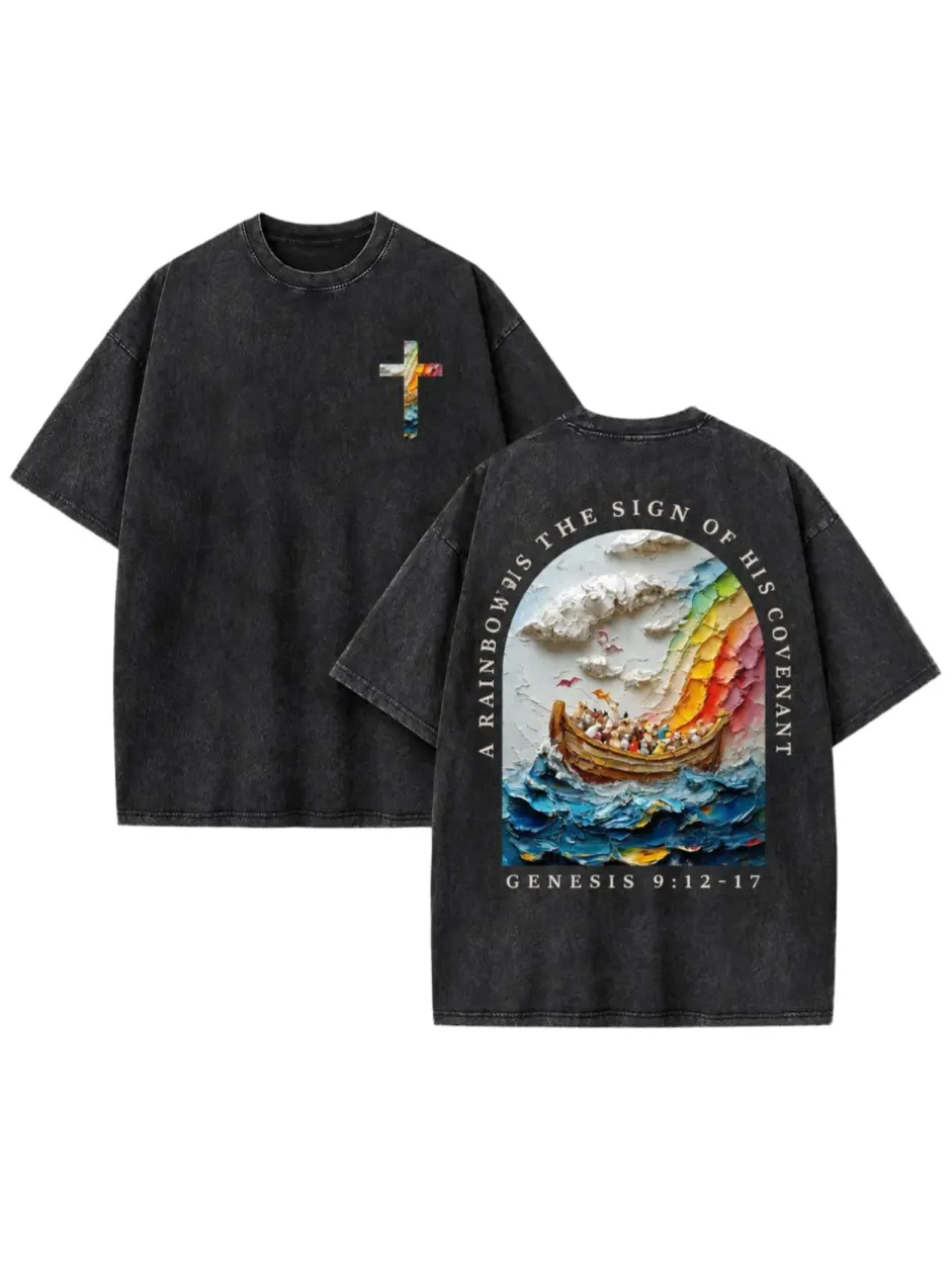 Vintage Wash Men's T-Shirt, Distressed Cotton Streetwear with an Oversized Fit and 3D Impasto Rainbow Cross Genesis Theme Graphic, Menswear, Rainbow Gradient, Short, Shortsleeve, Casual, Tshirt, Oversize Cotton, Festive, Top, All Seasons, Inlaid Cross