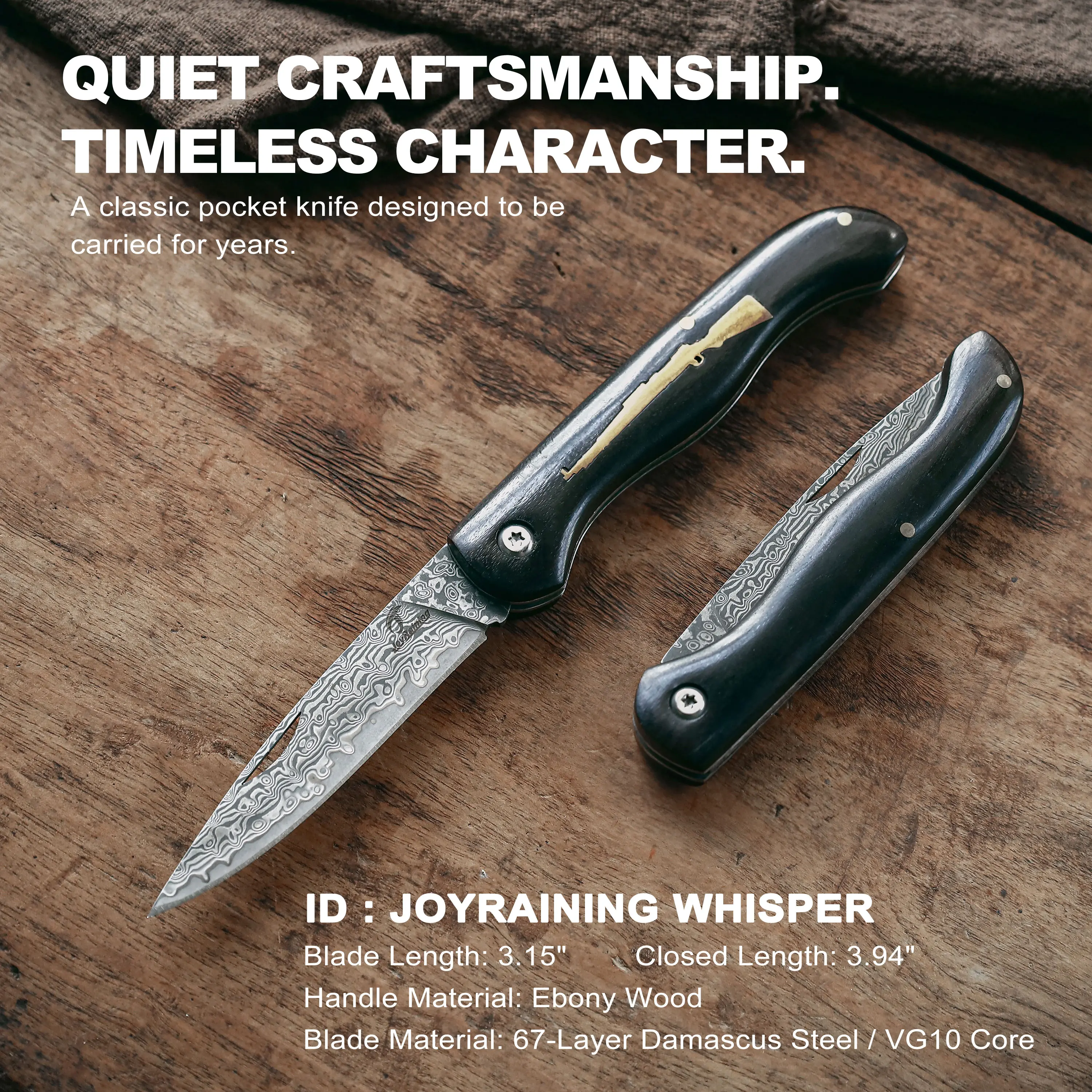 Joyraining Whisper Damascus Pocket Knife, 67-Layer VG10 Damascus Steel Blade, Ebony Wood Handle with Copper Inlay, Traditional Non-Locking Slip Joint Folding Knife, Lightweight Gentleman’s EDC Gift for Men tiktokshopbacktoschool