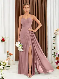 Backless Halter Neck Spaghetti Strap Sleeveless Dress, Pure Color Chiffon Maxi Bridesmaid Gown, Elegant Chic Party Wear, Women's Fashionable Clothing