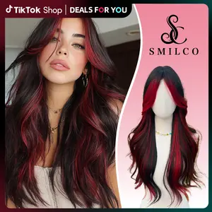 SMILCO 24-inch Black Rad Highlight Wavy Middle Part Hair Wig for Women SM398 Synthetic Full Machine Wig with Adjustable Straps & Air-permeable Net Heat-resistant Fiber