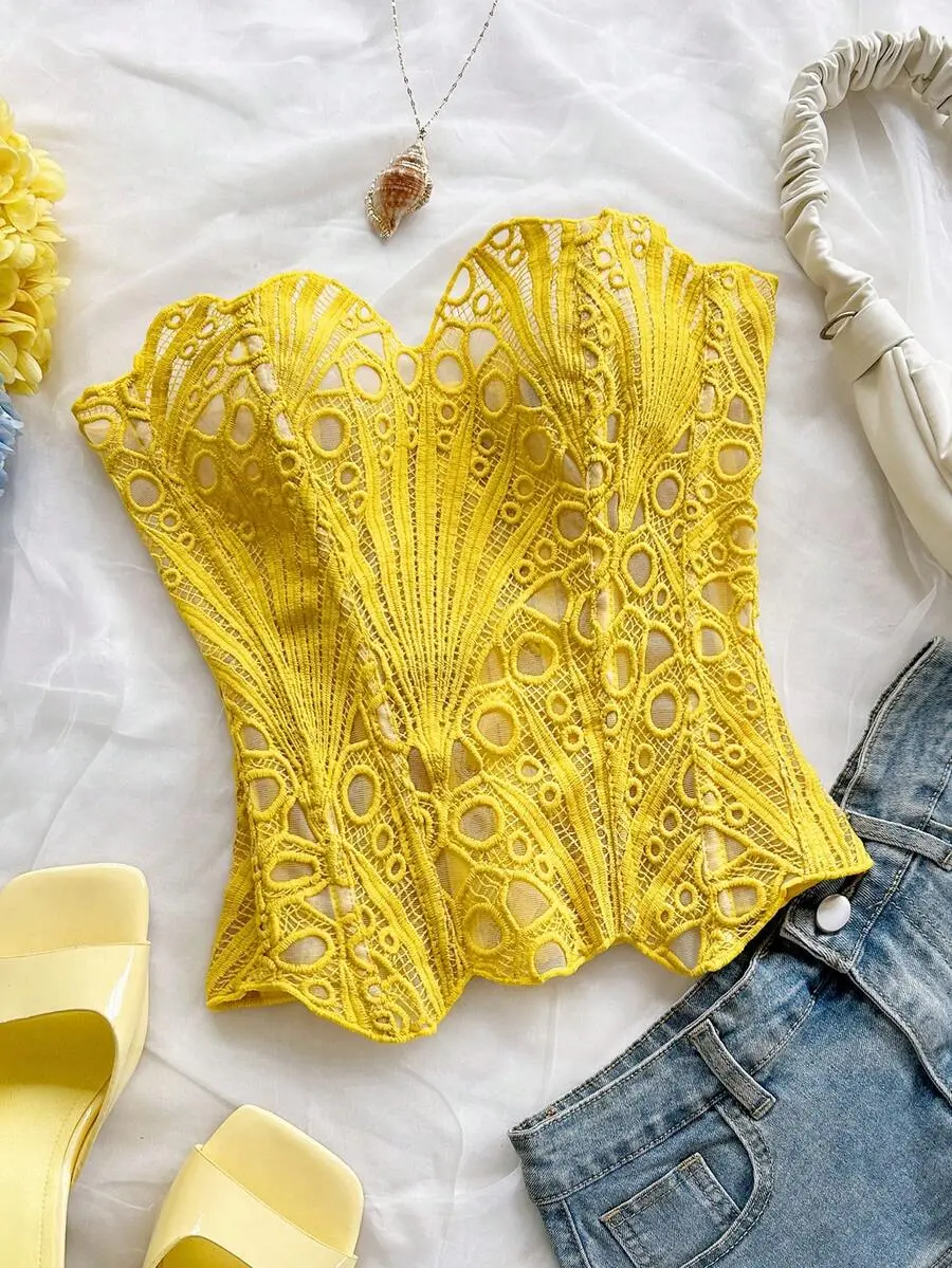 ESENON Yellow Lace Double-Layer Fitted Corset Bustier Top, Bandeau Hollow Embroidered Shapewear For Women, Summer Elegant Party Night Outfits
