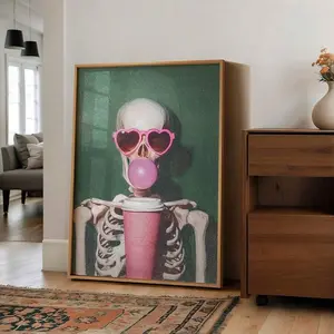 1pc Vintage Skeleton Coffee Wall Art Picture Retro Halloween Coffee Corner Prints Canvas Paintings Quirky And Spooky Poster Pink Aesthetic Decor For Office Kitchen