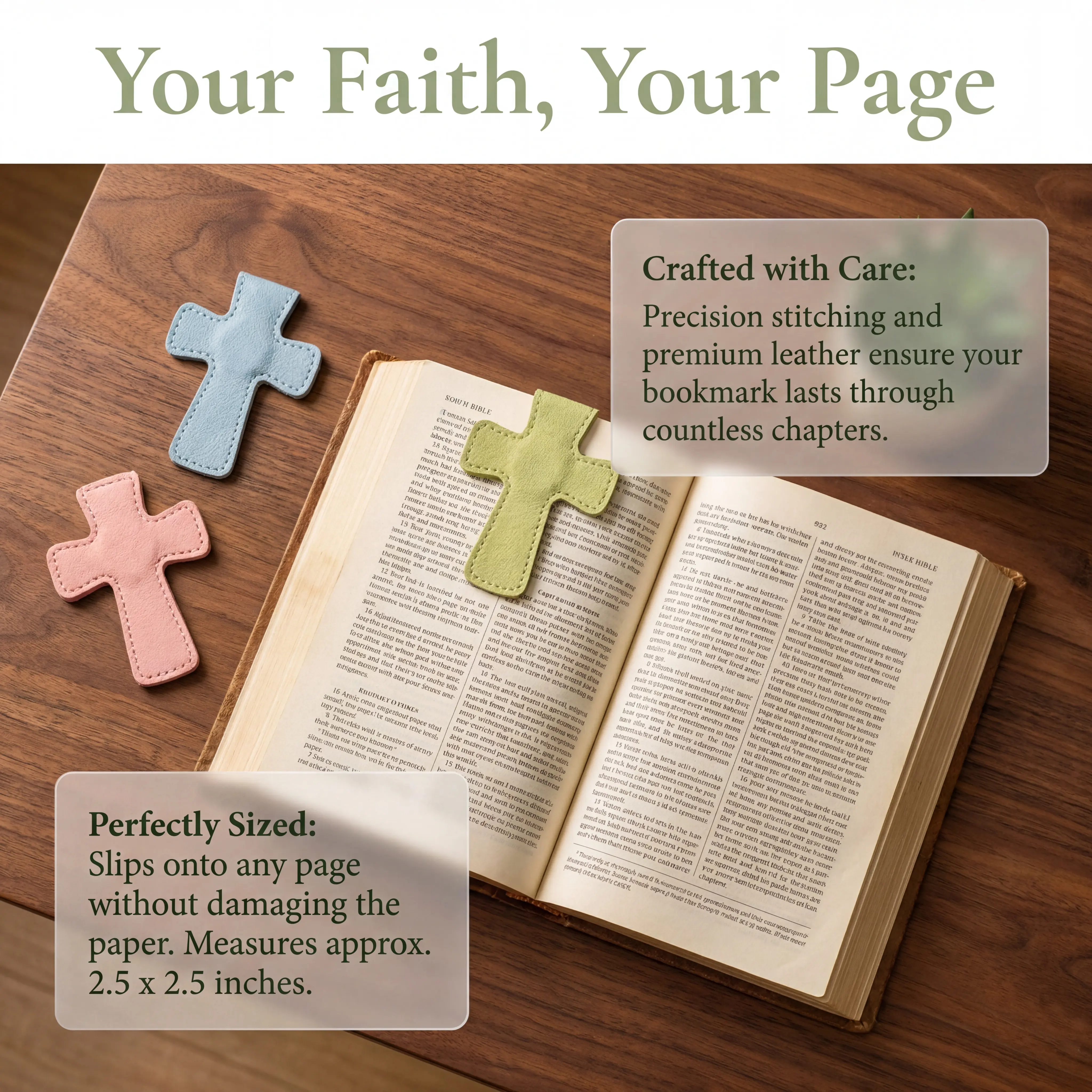 ZURXID 3-Piece Hand-Stitched Leather Cross Bookmark - Faith-Inspired Accessory for Book Lovers, 5 Pastel Colors (Brown/Pink/Green), Long-Lasting Religious Decor Gift to Mark Your Page, Cross Design, Three Pieces