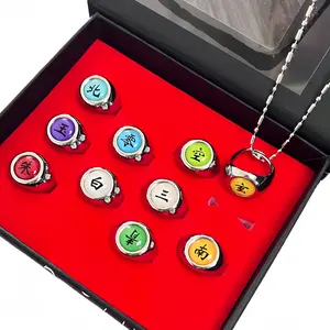 Naruto Akatsuki 10 Silver Kanji Rings Set with Necklace Adjustable Anime Cosplay Rings for Fans Perfect for Collection & Themed Gifts. men accessories toe
