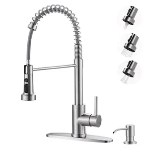 WOWOW Durable Stainless Steel Brushed Nickel Kitchen Sink Faucet, Single Handle with Pull Down Faucet Sprayer Attachment, Soap Dispenser for Farmhouse, RV, Stainless Steel Faucet