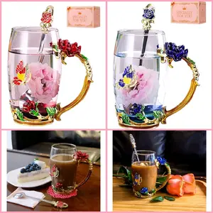 Enamel Butterfly Flower Glass Tea Cup Rose Red Coffee Mug,Cute Gifts For Mom Grandma Women Wife Female Friend on Mothers day Anniversary Christmas Valentines