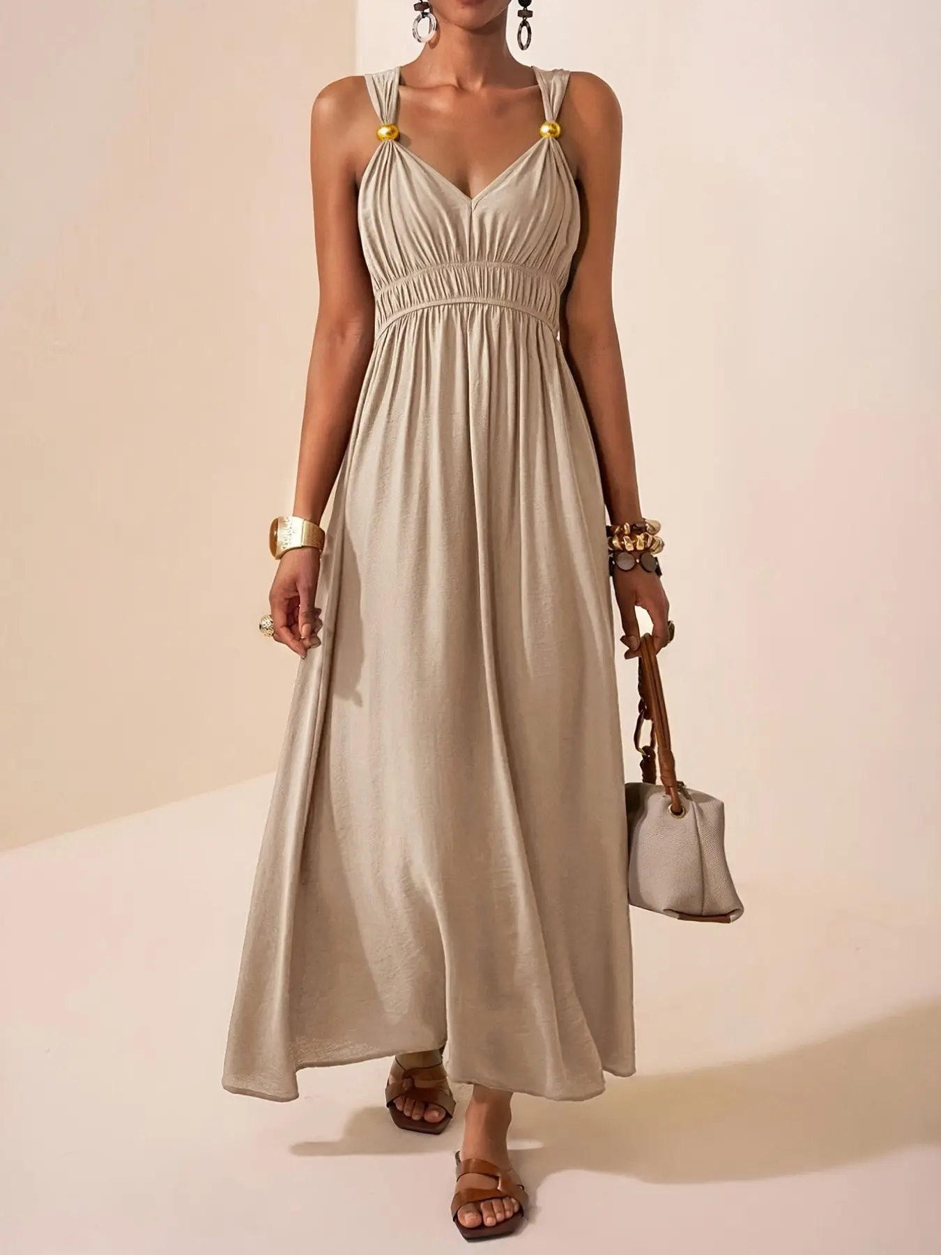 Women's Thin Strap Sleeveless Deep V Long A-Line Dress, Elegant Party Apparel, 2026 Summer New Minimalist Elegant Chic, Perfect for Parties, Events and Evening Formal Wear