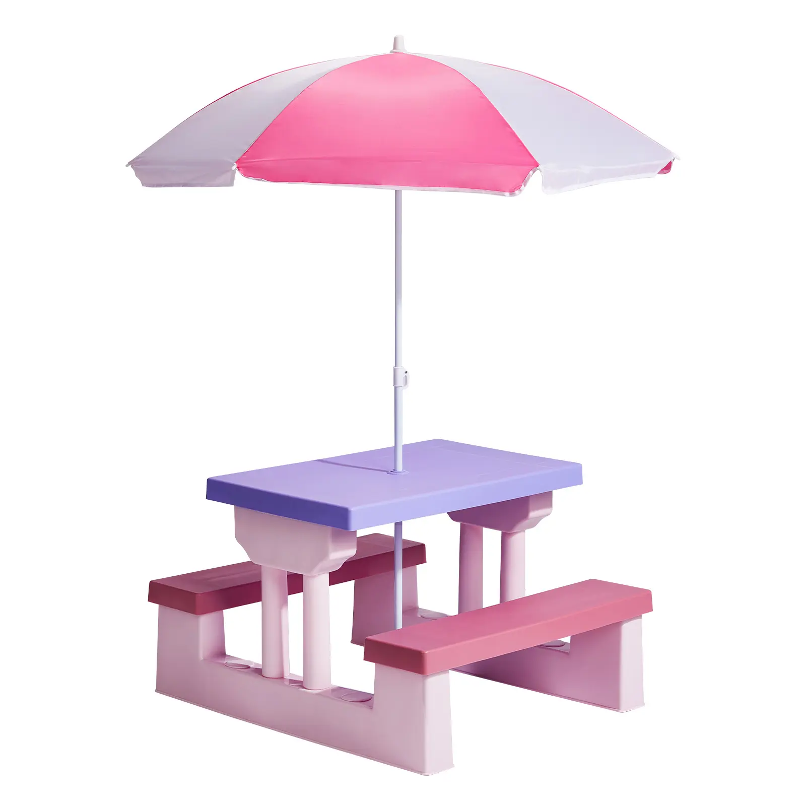 Colorful PP Plastic Portable Camping Table & Benches Set with Large Umbrella - Playful Iron Rectangular Durable Outdoor Picnic Set, Pink & Purple, Easy Clean, Quick Assembly, Sun Protection, 30.7×26.6×18.9 in, (67.5×16×24) cm, for Backyard, Beach