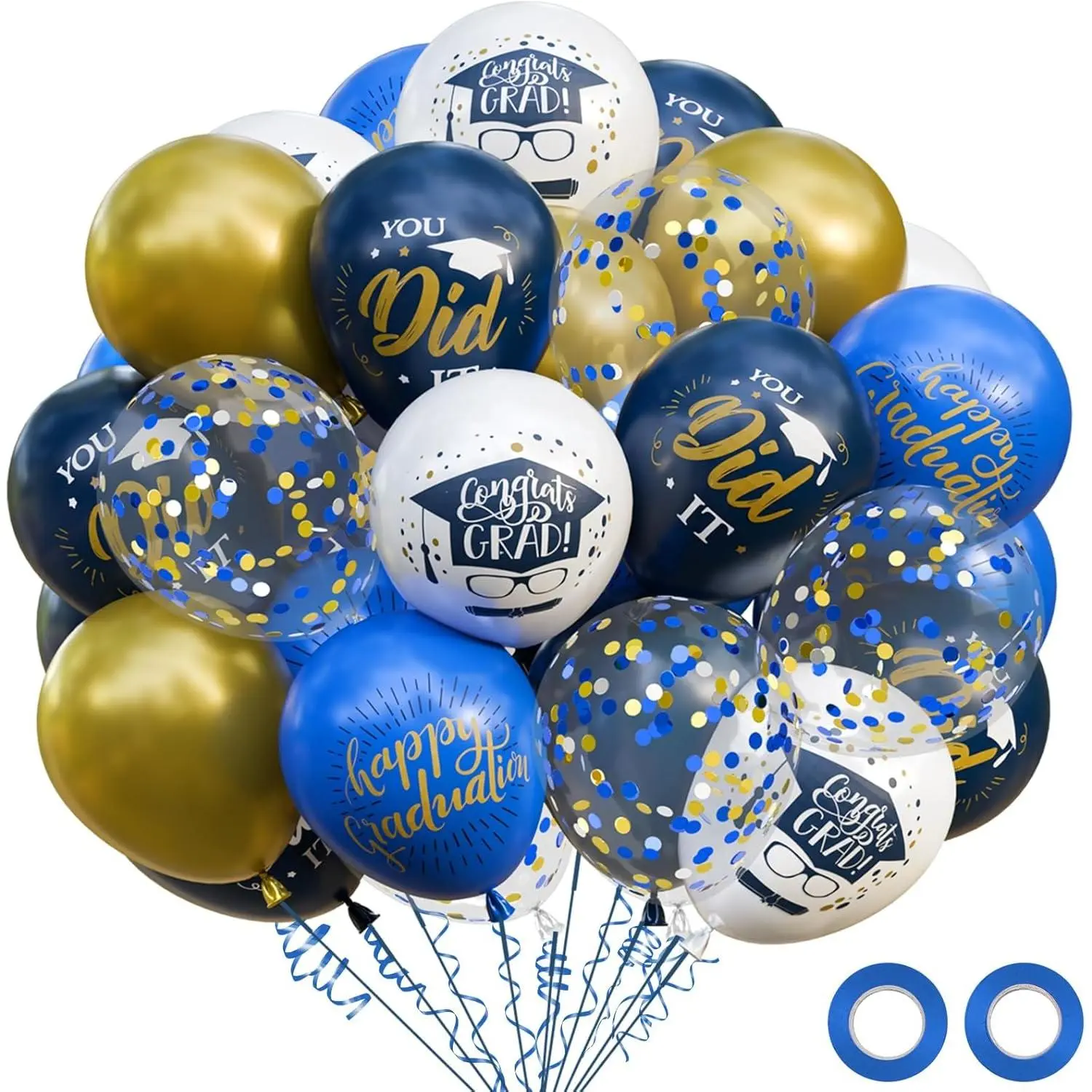74 Pack Graduation Party Decorations Balloons Set - 12 Inch Navy Blue Metallic Gold Graduation Balloons Blue Gold White Confetti Balloons for Class of 2026 Grad Birthday Party Decor Supplies