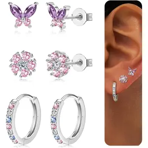 Women's 3-Pair Hypoallergenic Silver/Gold Earrings Set - Dainty Butterfly Flower Design with Zircon Accents, Earring for Women for Multiple Piercings & Everyday Wear