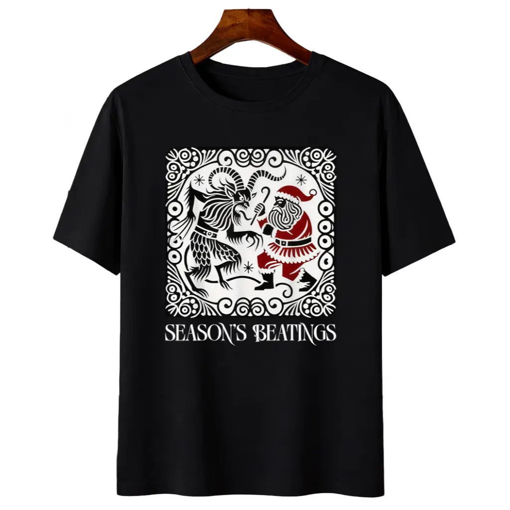 Men'S Vintage T-Shirt Featuring a Krampus And Santa Showdown - Breathable And Machine Washable, Suitable for Any Season, Including The Holidays And Krampusnacht. Available in a Similar Design for Both Men