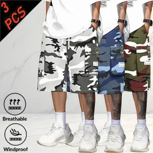 Men’s 3-pack summer camouflage cargo shorts, knee-length, plus size, loose fit—versatile color-block casual shorts for everyday wear and outings