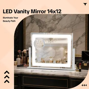 LED Vanity Mirror 14"x12" with 3-Color Lighting & 360° Rotation for Makeup Desk & Bedroom White Finish HD Professional Smart Touch Dimmable