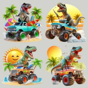Dinosaur Kart Car Pattern Iron on Transfer Sticker, 4 Counts/set Heat Transfer Sticker, DIY Craft Iron on Transfer Patch for Clothes, DIY Clothing Decoration