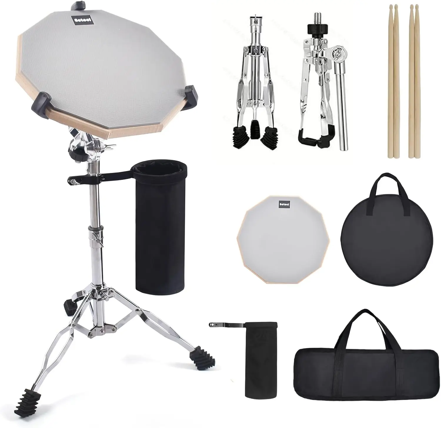 Drum Practice Pad Set, 12 Inch Double Sided Silent Drum Pad with Storage Bag + Adjustable Snare Drum Stand with Carry Bag + 2 Pair Drum Sticks with Drumstick Holder, Fits 10"-14" Drums (Grey)