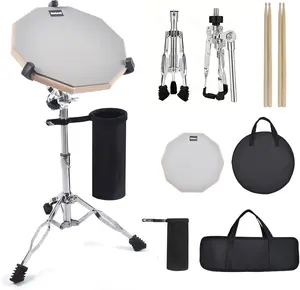 Drum Practice Pad Set, 12 Inch Double Sided Silent Drum Pad with Storage Bag + Adjustable Snare Drum Stand with Carry Bag + 2 Pair Drum Sticks with Drumstick Holder, Fits 10"-14" Drums (Grey)
