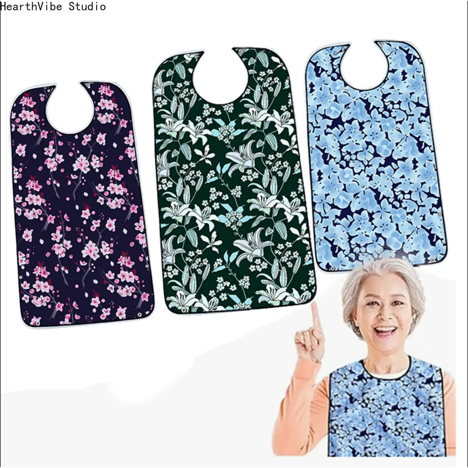 Adult Bibs for Women,  Washable and Reusable Waterproof Adult Bib, Dinning Bibs For Adults Clothing Protector with Optional Crumb Catcher Cherry Blossoms