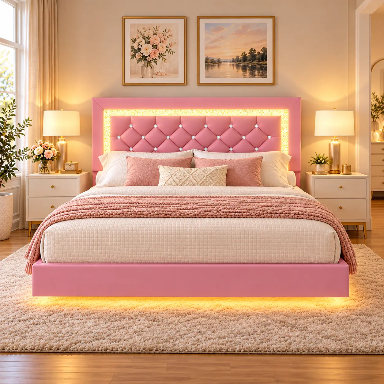 Twin/Full/Queen Bed Frame With Diamond Headboard Floating Upholstered Bed Frame With LED Lights Modern Bed Frame With Strong Wood Slats Support Available In Pink/Black USB LED Strip