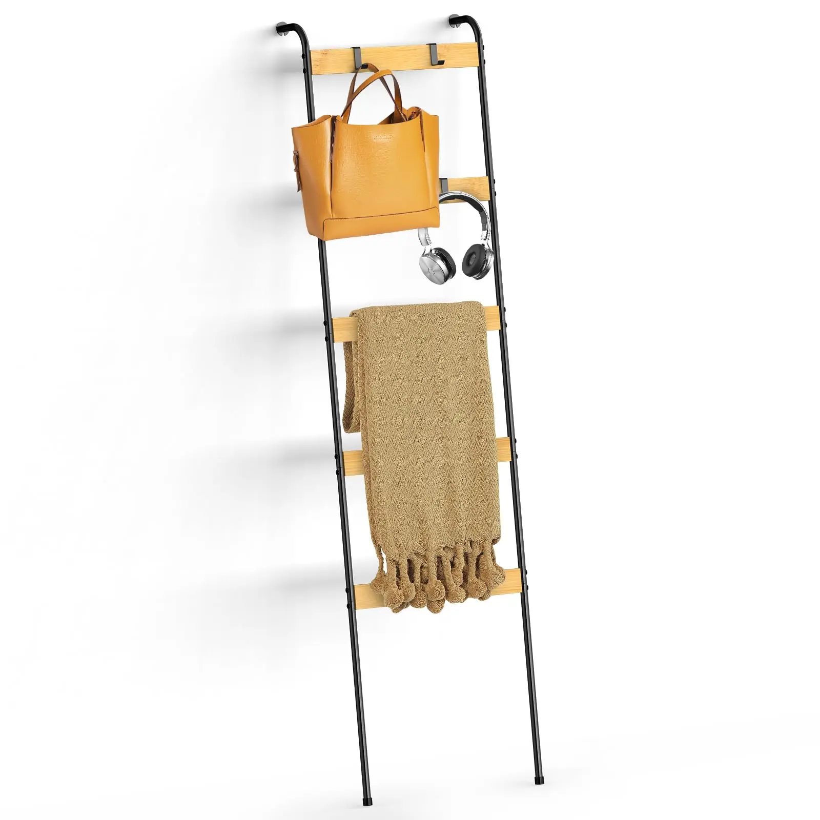 Black Bamboo Blanket Ladder - 5-Tier Anti-Rust Metal Frame Wall-Leaning/Wall-Mount Storage Rack with 10 Removable Hanging Hooks, Easy-Install Home Decor for Bathroom Towels, Living Room Scarves