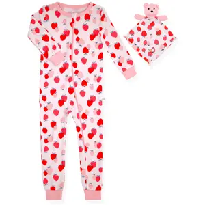 Infant Girls Long Sleeve Super Soft Snuggle Jersey Zip-Up Coverall Pajama with Blankey Buddy- Strawberries.