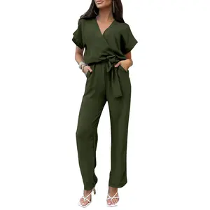 PrettyGarden Women's Jumpsuit Casual Short Sleeve Wrap V Neck Belted Wide Leg Pants Women‘’swear Dressy Romper