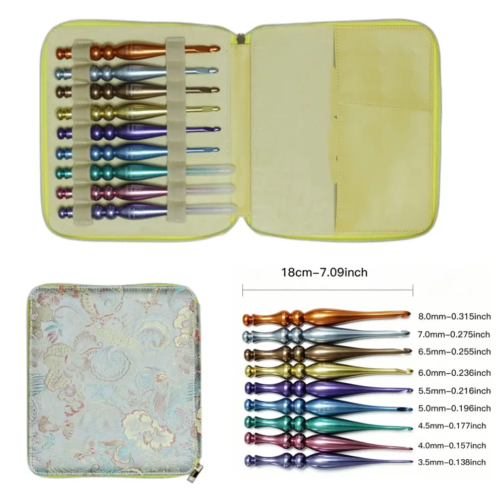 9 Sizes Colorful Anodized Aluminum Crochet Hooks Set, Ergonomic Bulb Shaped Crochet Needles with Vintage Floral Zipper Storage Case & Polishing Cloth, Complete Knitting Crocheting Supplies for Beginner & Professional Crochet Lovers DIY Handcraft Gift