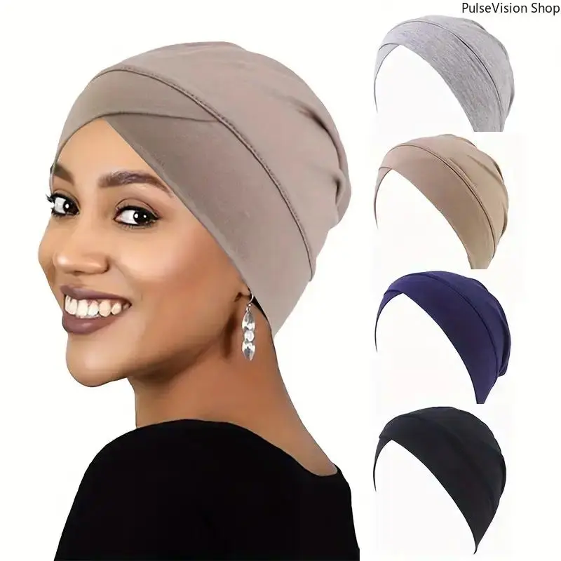Women's 2-Piece Muslim Fashion Solid Cross Scarf Set, Stretchy Polyester Fabric, Cross Front Underscarf Cap for Modesty, Basic One Size Fit Most Daily Wear Accessory