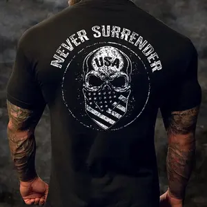 Never Surrender Skull Print Men's T-Shirt, Top Menswear Cotton Tee Shirt, Unisex Fashion, Soft Fabric, ShortSleeve, Regular Fit, Casual Streetwear