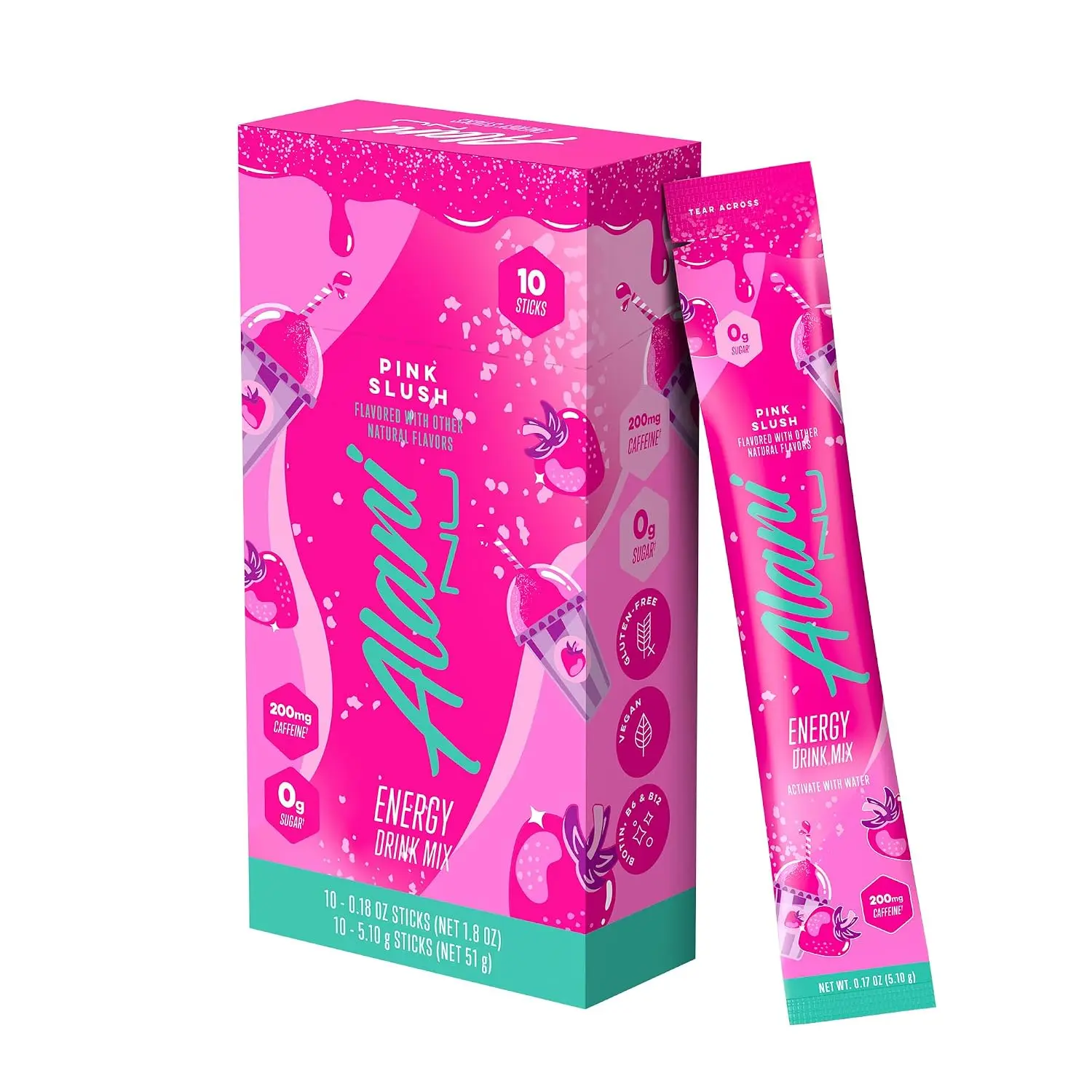 Alani Nu PINK SLUSH Energy Sticks, Energy Drink Powder, 200mg Caffeine, Pre Workout Performance with Antioxidants, On-The-Go Drink Mix, Biotin, B Vitamins, Zero Sugar, 5-10 Calories, 10 Pack