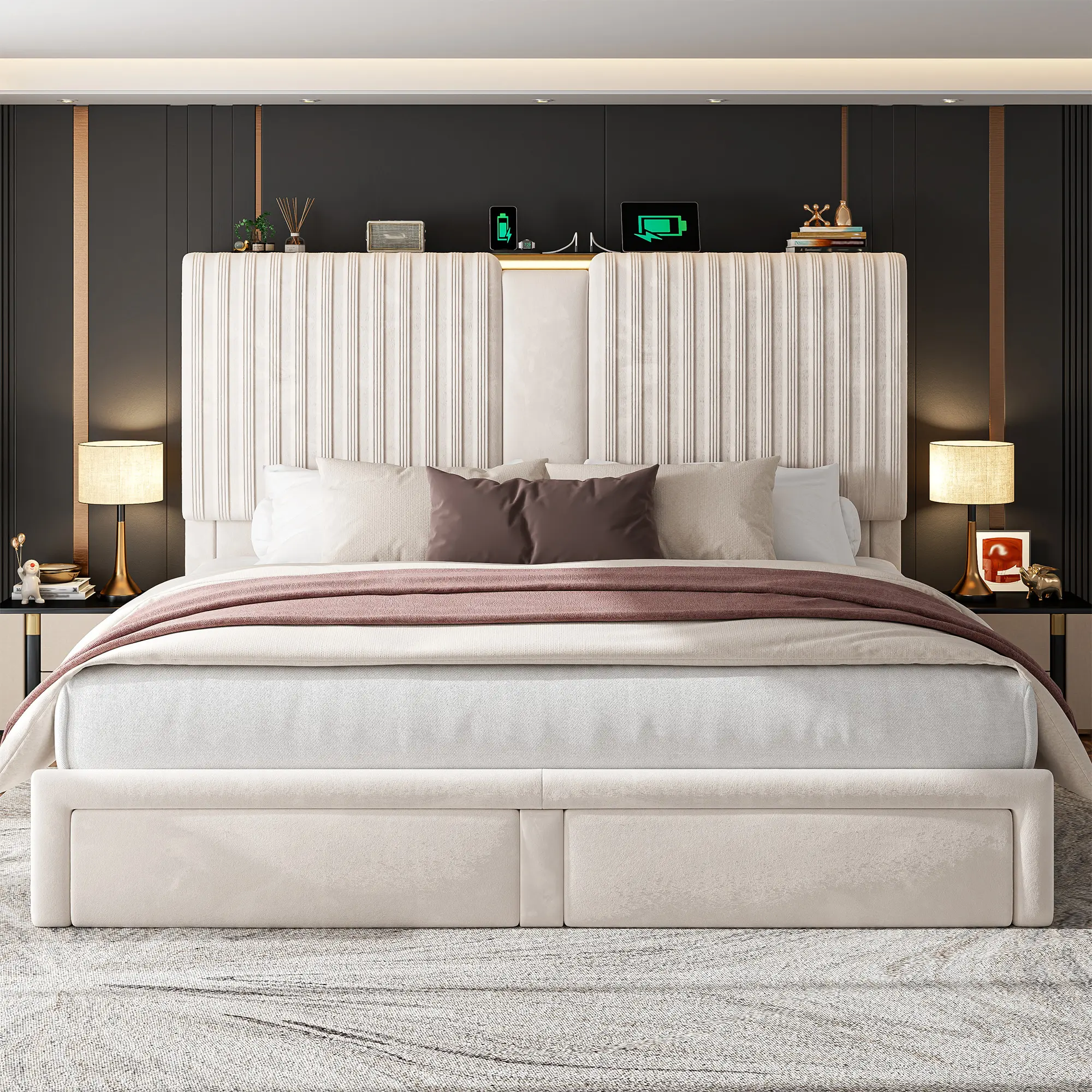 【Summerwins】Raybee King Queen Size Bed Frame with 2 Under bed Drawers, 51.3“ Velvet High headboard Silent Bed Frame With 3 USB Ports Charging Station , NO MATTRESS, No Noise, Heavy Duty & Easy Assembly,Modern & Quiet Luxury, 1000 Lbs Capacity,Beige