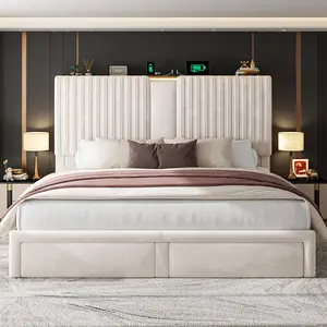 【Spring Glow Up】King/Queen Size Bed Frame with 2 Under bed Drawers, 51.3“ Velvet High headboard Silent Bed Frame With 3 USB Ports Charging Station ,NO MATTRESS,No Noise, Heavy Duty&Easy Assembly,Modern & Quiet Luxury, 1000 Lbs Capacity,Beige