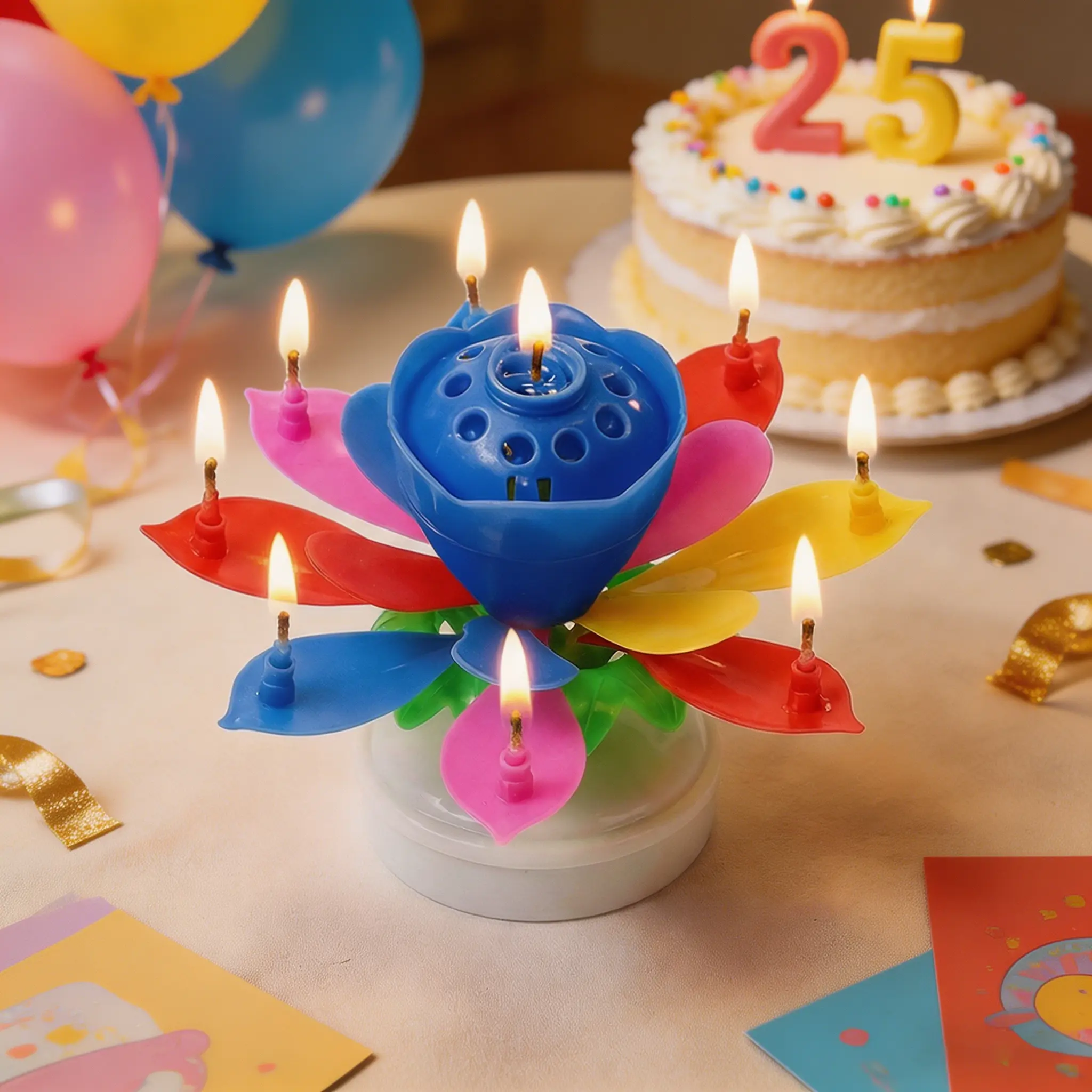 Music Lotus Birthday Candle, Colorful Automatic Blooming Rotating Flower Cake Decoration, Plays “Happy Birthday” Song, Suitable for Birthday Cakes and Party Celebrations