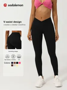 Women's Solid Color Sporty Yoga Leggings, V-Neck High Waist Design, High Stretch Shaping Peach Hip Sweat-Wicking Quick Dry, High Waisted Leggings, Workout Leggings, Activewear Bottoms