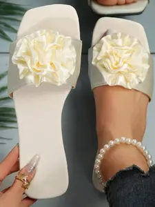 Flat Square Toe Women's Slippers Sandals with Flower Design, Casual PVC Sole, Medium Width, Perfect for Daily Wear and Parties, Floral Design Sandals