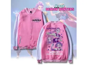 Demon Hunters Kpop Varsity Baseball Jacket, Anime Streetwear Bomber, Purple Harajuku Outerwear, Gift for Fans
