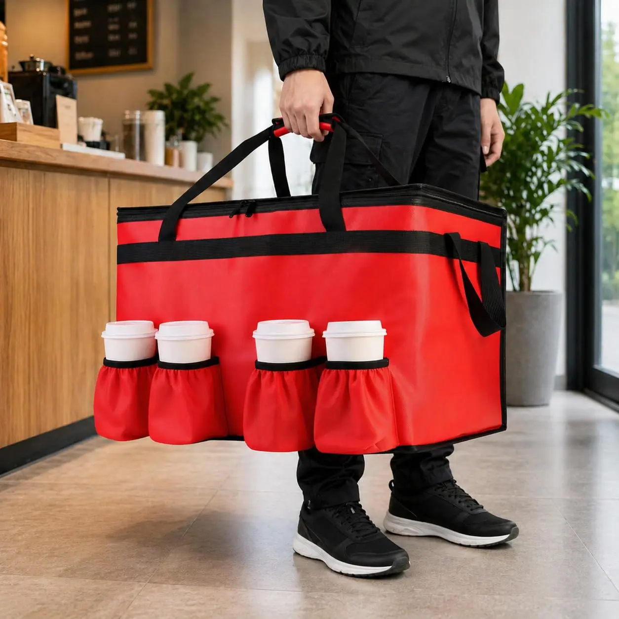 Sports Insulated Food Delivery Bag with 4 Cup Holders, XXX-Large, Red| Catering Bags Keep Food Hot/Cold, Heavy Duty Cooler Bag with Drink Carrier, Grocery Bags for Transport & Shopping, Commercial
