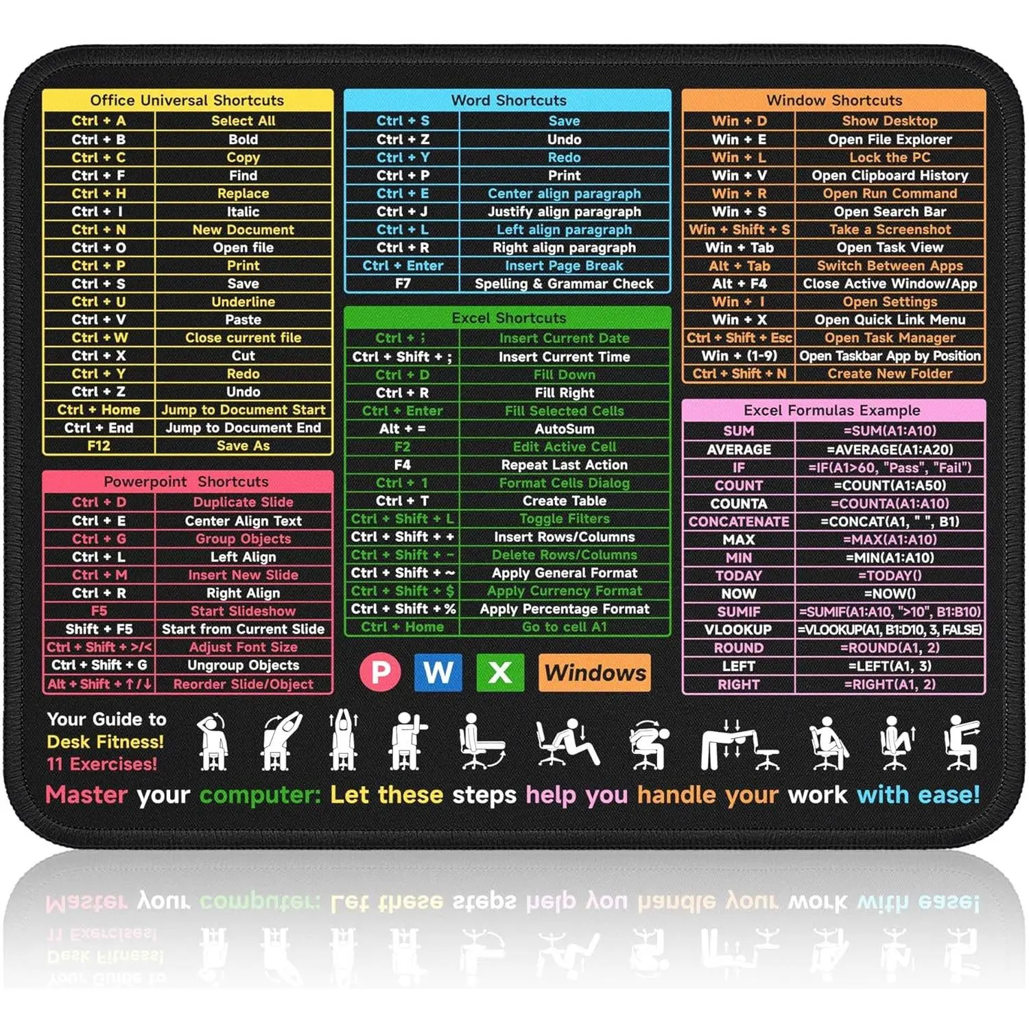 Small Excel Cheat Sheet Desk Pad - Portable Square  Pads for Desk/Excel/Word/PowerPoint/Windows Shortcuts | Excel Cheat Sheet Gaming Mousepad | Home Office Accessories Decor |10.3"x8.3"