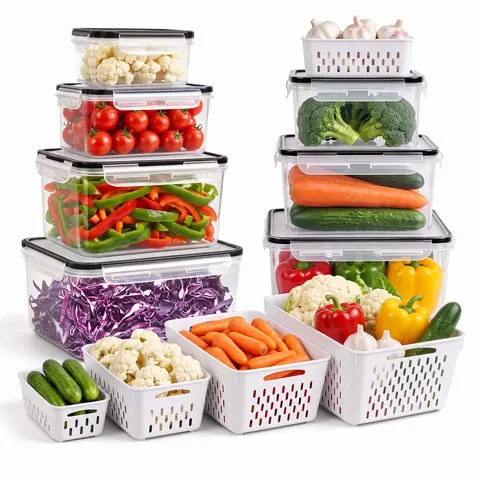 4 Pack Fridge Organizers and Storage - Stackable Fruit Storage Containers for Fridge with Removable Colander, BPA-Free Food Storage Container for Salad Berry Lettuce Vegetables Meat Keeper Fresh