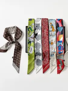 Women's Faux Silk Scarf Long Thin Strip Geometric Print Fashionable Bag Handle Tie Small Ribbon, Loose-Fitting All Seasons Style Versatile Usage