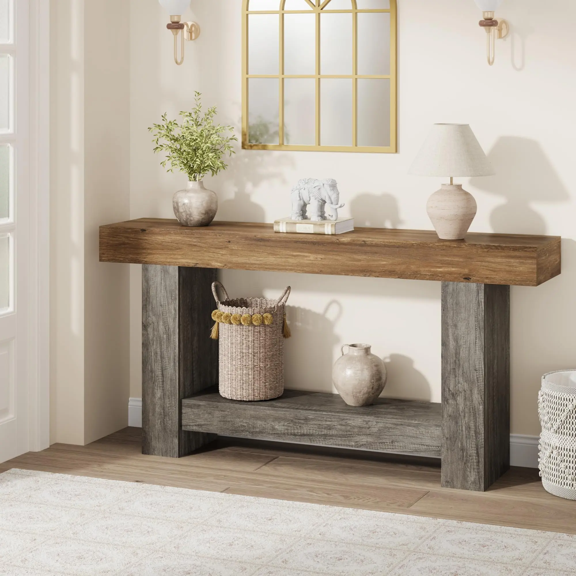 Garvee 63'' Heavy Duty Rectangular Modern Farmhouse Foyer Table - 2-Tier Engineered Wood Open Storage Sofa Accent Piece for Entrance, Living Room Decor,home essentials