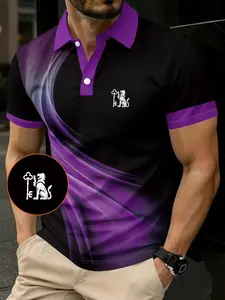 Men's Summer Fashion Business Style Polo Shirt, Purple-Black Gradient Lion Keyhole Logo Trendy Print Polo Shirt, Suitable for Casual, Leisure, Fitness, and Avant-Garde Styles, Ideal for Business, Golf, and Spring-Summer Outdoor Activities