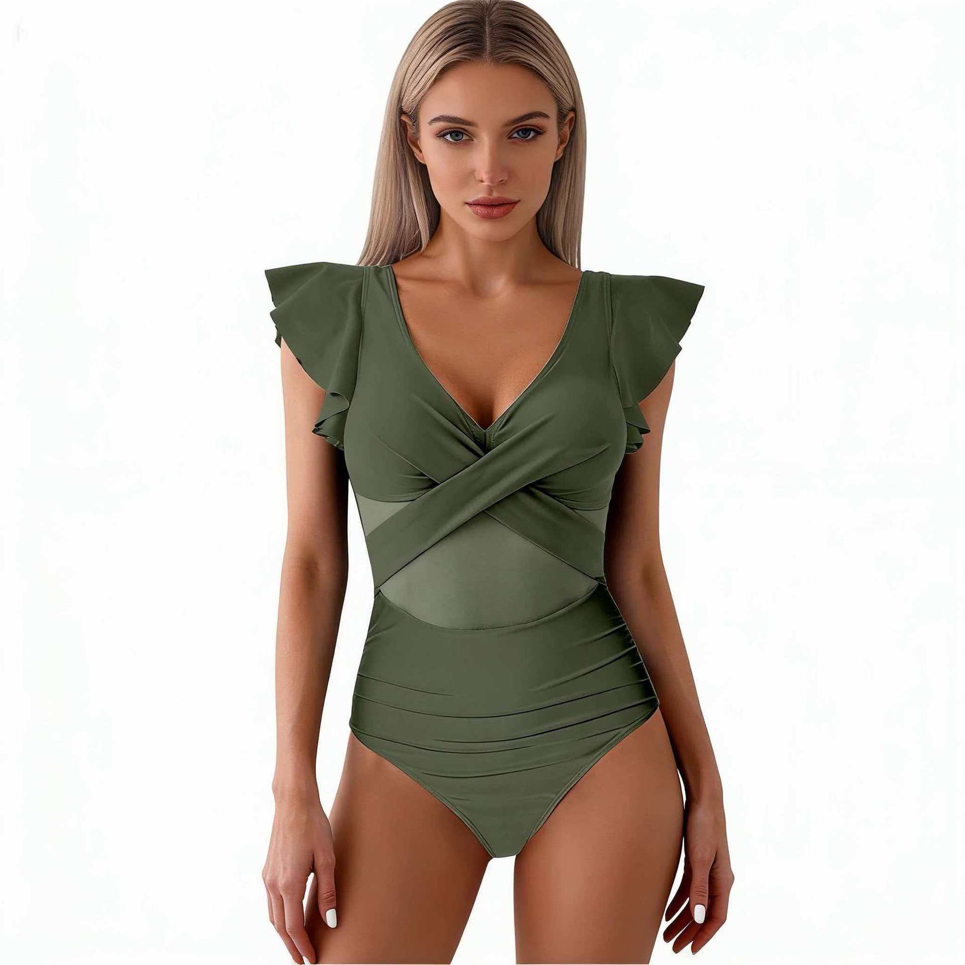 New European and American style swimsuit, mesh bikini, women's quick-dry sports one-piece swimsuit
